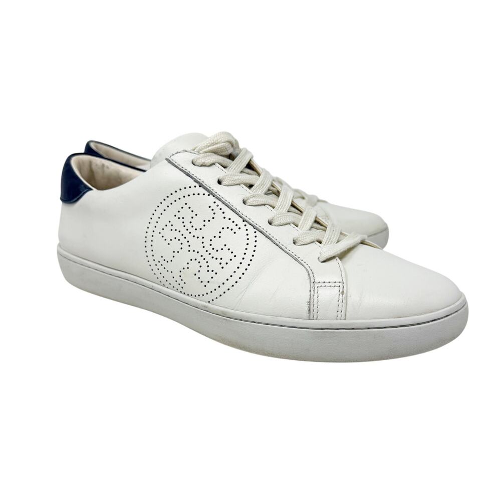 Tory Burch White/Navy Leather Casual Sneakers Women's 11 Lace Up T Logo Detail